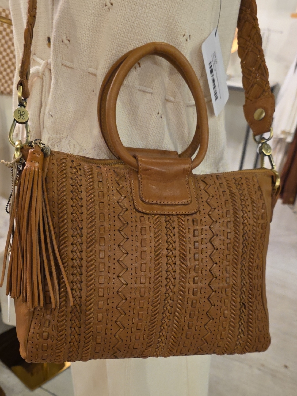 Hobo Leather Sheila Medium Satchel Woven Tassel Handbag Crossbody Strap- Tan